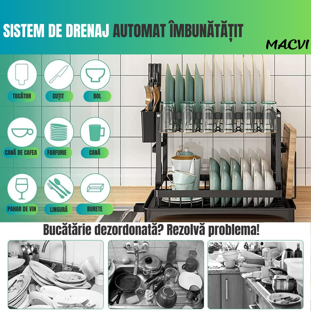 Uscator de vase supraetajat Macvi®, 2 niveluri, suport pentru tacamuri si pahare, tava scurgere, metal rezistent, 42x30x29 cm, negru