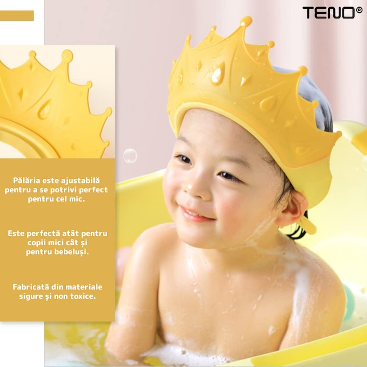 Palarie de Baie pentru Copii Teno®, protectie impotriva samponului pentru ochi si urechi, reglabila, forma coroana rege/regina, galben