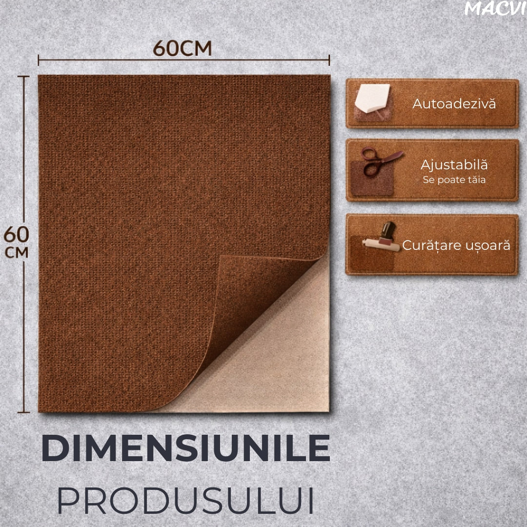 Mocheta scari Macvi® dale autoadezive 60x60 cm, 1 buc. mocheta textila, ajustabila, montaj rapid fara unelte, curatare usoara, potrivita pentru scari, camera copiilor, dressing, aplicare rapida