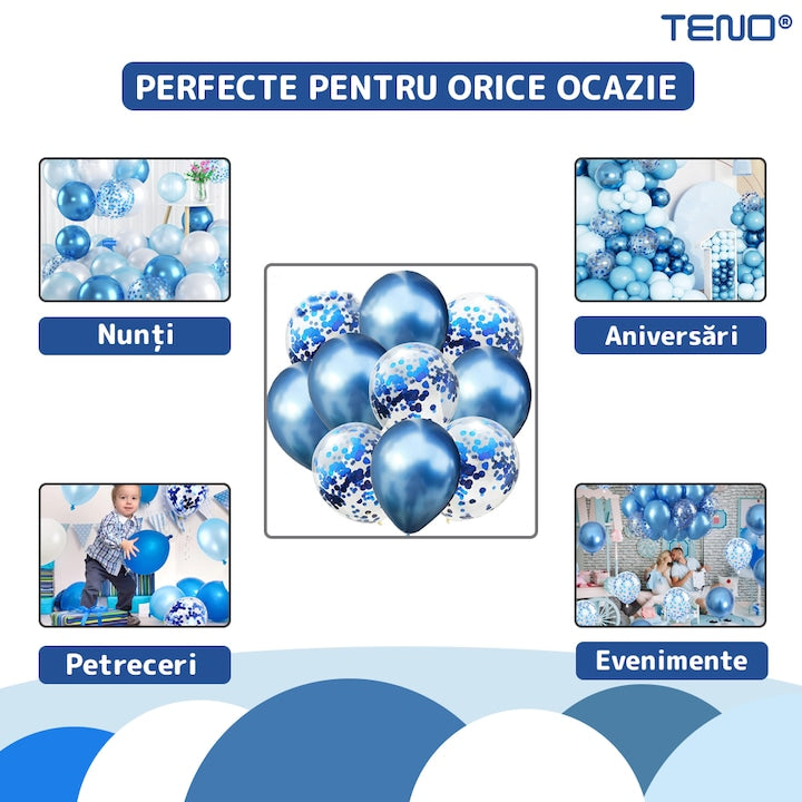 Set 10 Baloane Teno®, Confeti, pentru Petreceri/Aniversari/Evenimente, o singura dimensiune, 2 culori, latex, albastru inchis