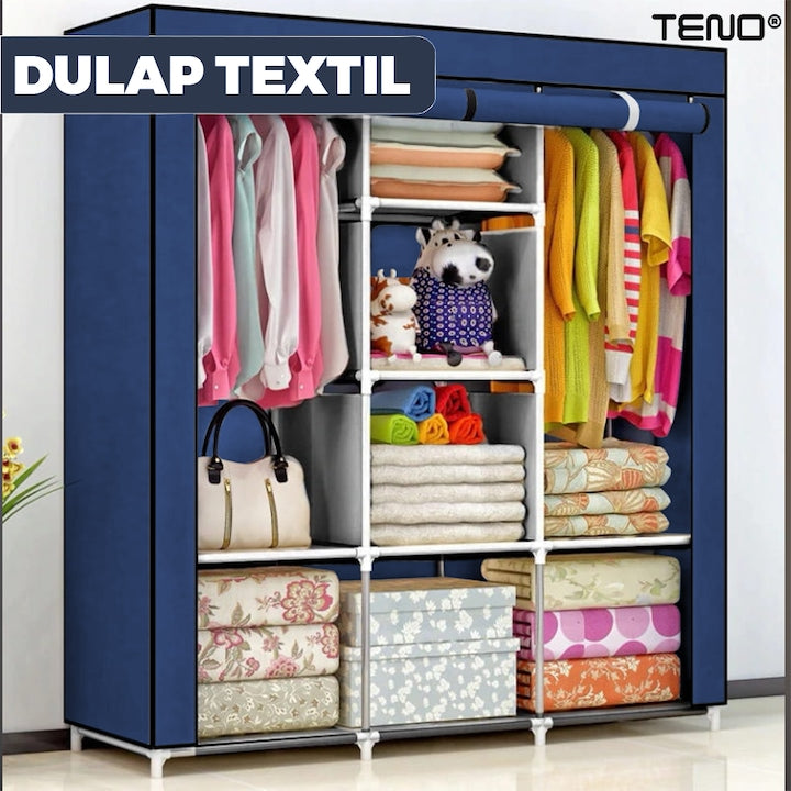 Dulap din Material Textil pentru Haine si Incaltaminte Teno®, impermeabil, 8 rafturi, inchidere fermoar, suport umerase, cadru otel, 170 cm, albastru