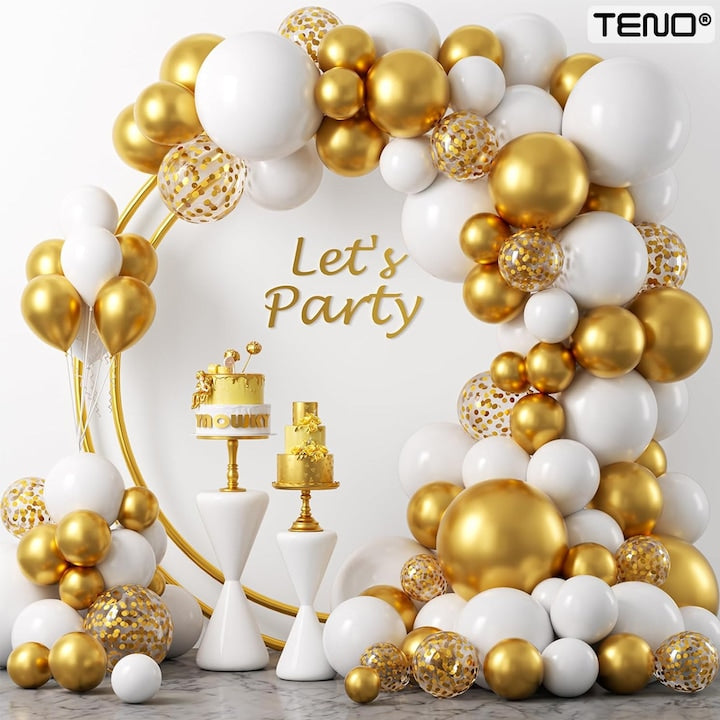 Set 105 Baloane Teno®, Tip Arcada, pentru Petreceri/Aniversari/Evenimente, diverse modele, umplute cu confetti, latex, alb/auriu