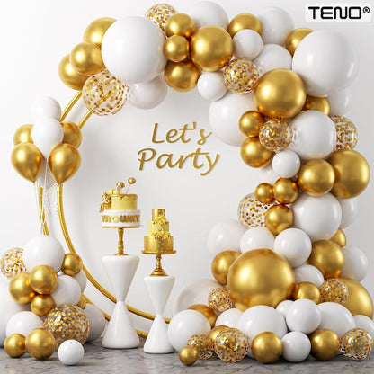 Set 105 Baloane Teno®, Tip Arcada, pentru Petreceri/Aniversari/Evenimente, diverse modele, umplute cu confetti, latex, alb/auriu