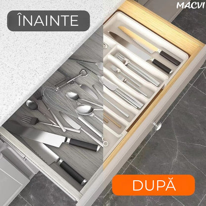 Organizator extensibil Macvi® 8 compartimente, pentru sertar, Sistem modular pentru tacamuri si ustensile de bucatarie, Alb