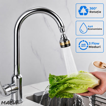 Prelungitor flexibil robinet Macvi® 360° 3 moduri jet economisire apa anti calcar alama inox 7.5 cm argintiu
