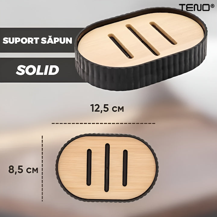 Set 6 Accesorii de Baie Teno®, dispenser de sapun, suport de periute, perie de toaleta, suport sapun, cos de gunoi, detalii din bambus, materiale rezistente, design minimalist, striatii, negru