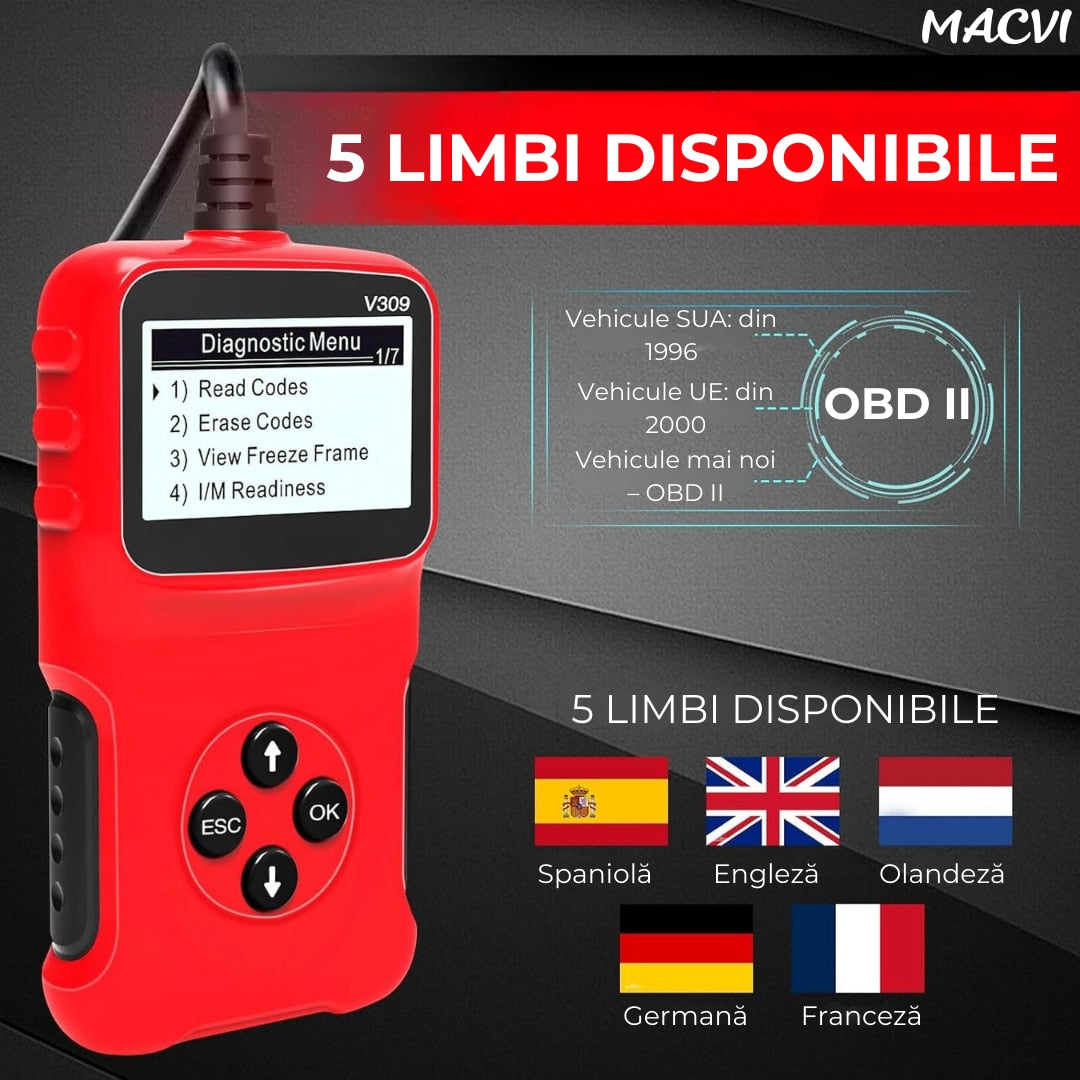 Tester auto MACVI OBD2 V309, citire/sterere coduri DTC, ecran LCD mare, plug and play