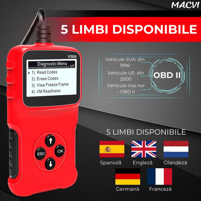 Tester auto MACVI OBD2 V309, citire/sterere coduri DTC, ecran LCD mare, plug and play