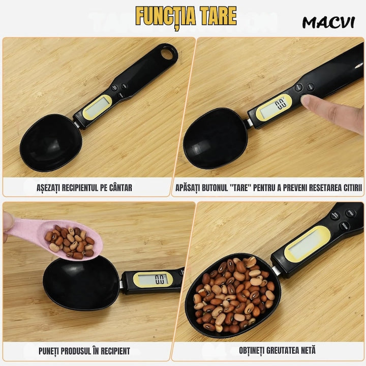Lingurita de masurat digitala Macvi®, capacitate 500 g, precizie 0.1 g, cu afisaj LCD, pentru ingrediente solide si lichide, Negru