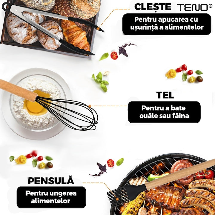 Set Ustensile Bucatarie 12 Piese Silicon Alimentar Teno®, termorezistente, antiaderente, sigure, suport inclus, negru