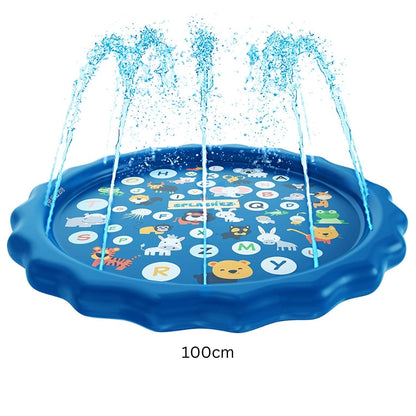 Piscina tip covoras de apa Macvi®, 100 cm, Albastru, PVC rezistent, Conectare la furtun apa, pentru joaca in aer liber