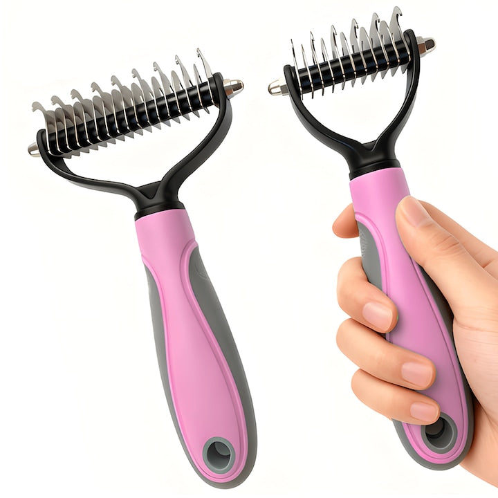 Perie pentru caini si pisici Teno, 2 in 1, anti-naparlire, roz