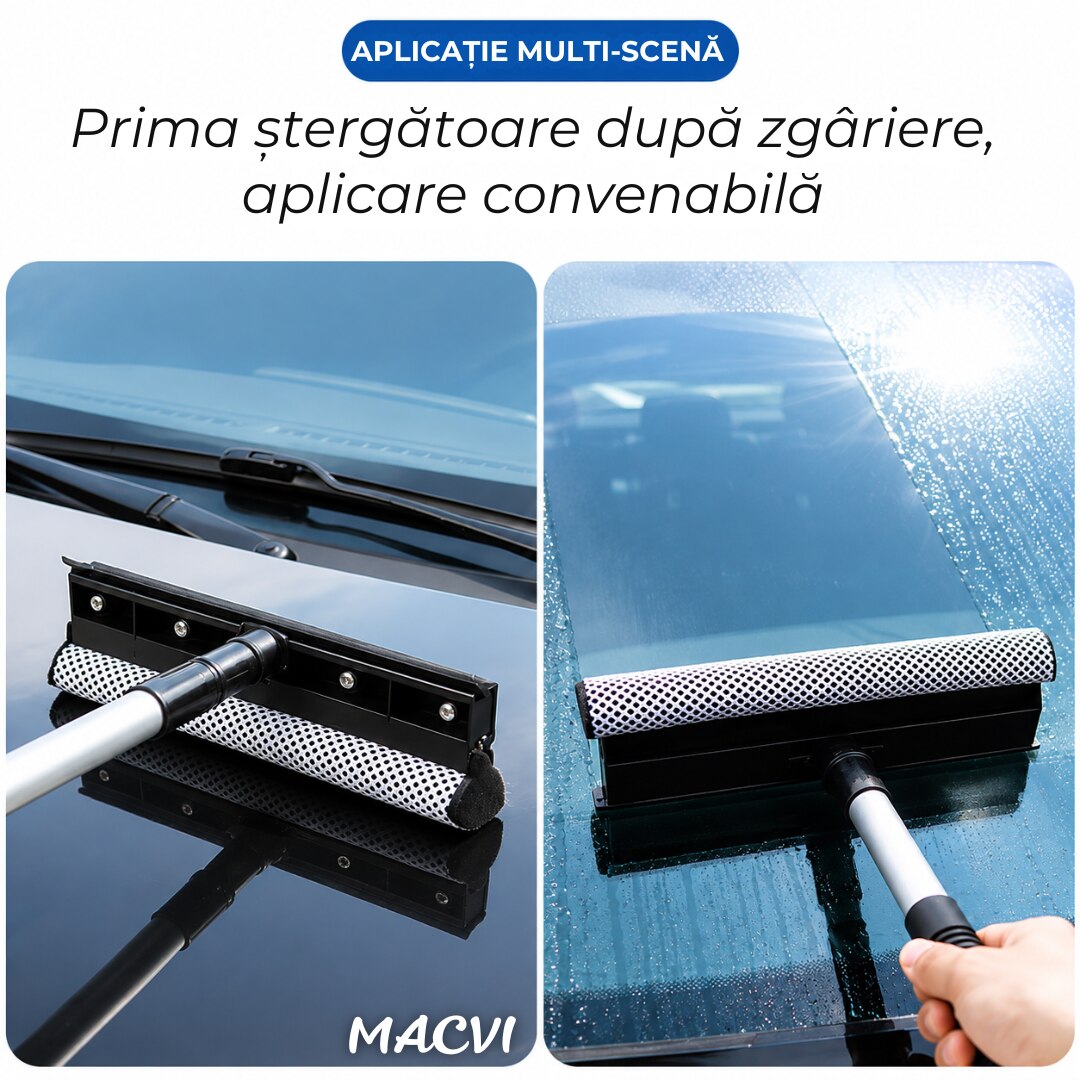 Perie pentru Spalat Geamuri cu Manere Extensibile Macvi® Telescopice din Aluminiu, 120 cm, 2 in 1, Stergator pentru Geamuri