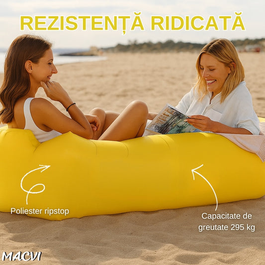 Saltea gonflabila tip sezlong Lazybag Macvi®, material rezistent, umflare fara pompa, pentru plaja/picnic/camping, rucsac de depozitare, 190 x 70 cm, Galben
