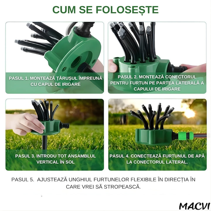 Aspersor Gradina Multifunctional Macvi® 360°, 12 Tuburi Flexibile, Economisire Apa
