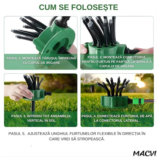 Aspersor Gradina Multifunctional Macvi® 360°, 12 Tuburi Flexibile, Economisire Apa