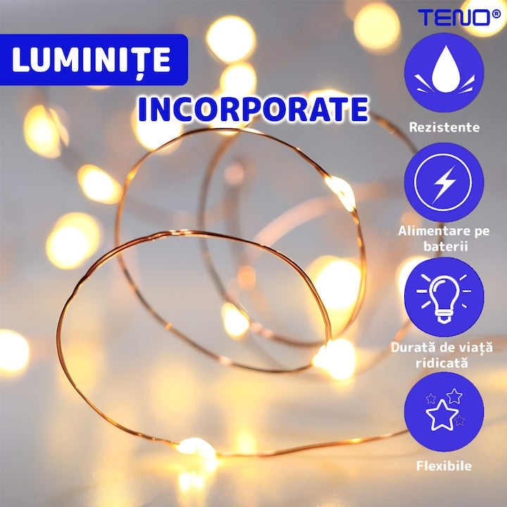 Trandafir Artizanal Teno®, efect de cristal, aspect auriu, luminite LED cu baterii, rezistent, nemuritor, design realist, 22 x 13 cm, albastru