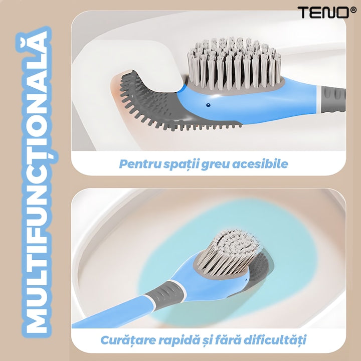 Perie pentru Toaleta Ratusca Teno®, din silicon, model adorabil, carcasa ou, suport adeziv montabil pe orice suprafata, 2 capete, capat cioc din silicon, capat cu peri pentru pete, albastru