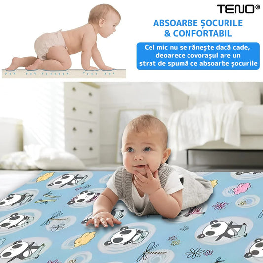 Covoras de Joaca pentru Copii Teno®, 2 fete, termic, anti-derapant, pliabil, protectie impotriva loviturilor, panda si grizzly, 200x180cm, grosime 1 cm, multicolor