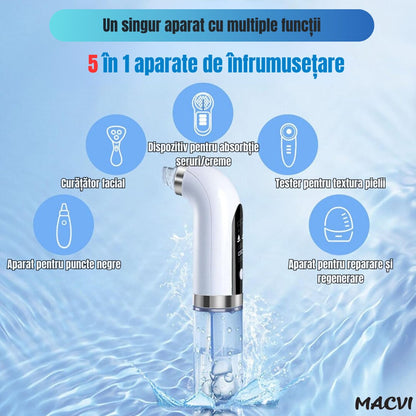 Aparat Curatare Fata Macvi® Profesional, Vacuum Puncte Negre, Tehnologie Micro-Bule si Sterilizare cu Apa, 5 Capete, Portabil, Alb