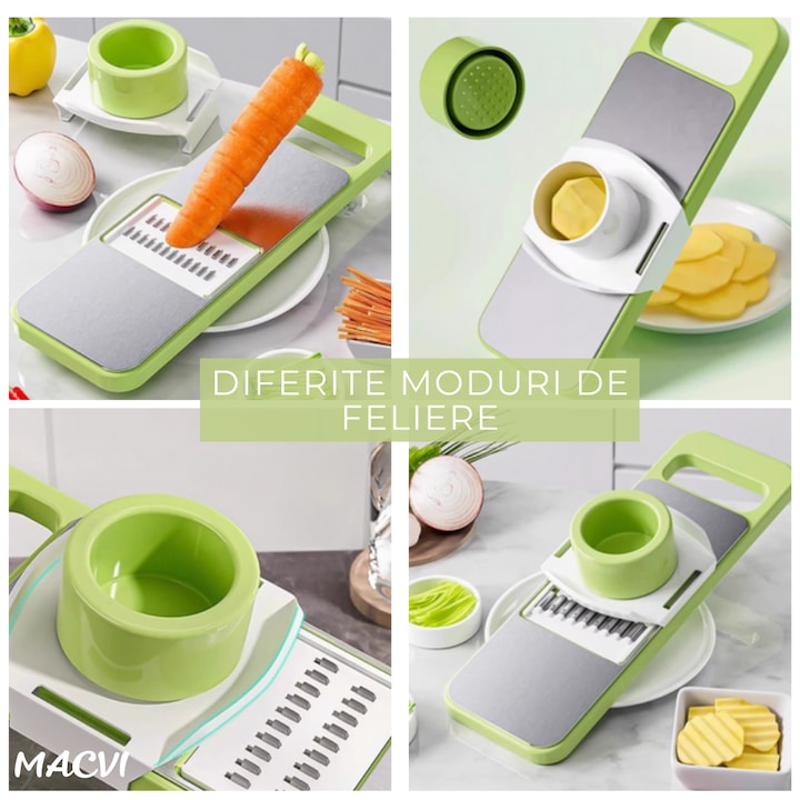 Razatoare Multifunctionala Macvi® cu Recipient si 6 Lame din Otel Inoxidabil, Tocator Rotund pentru Legume si Fructe, Design Demontabil, Verde