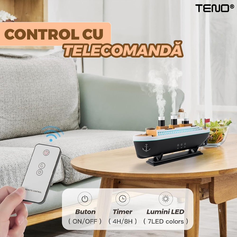 Difuzor Aromaterapie Teno®, forma de nava de croaziera, 7 culori LED, lumini dinamice, control tactil, capacitate 250ml, silentios, rezerva inclusa, umidifica aerul, negru/alb