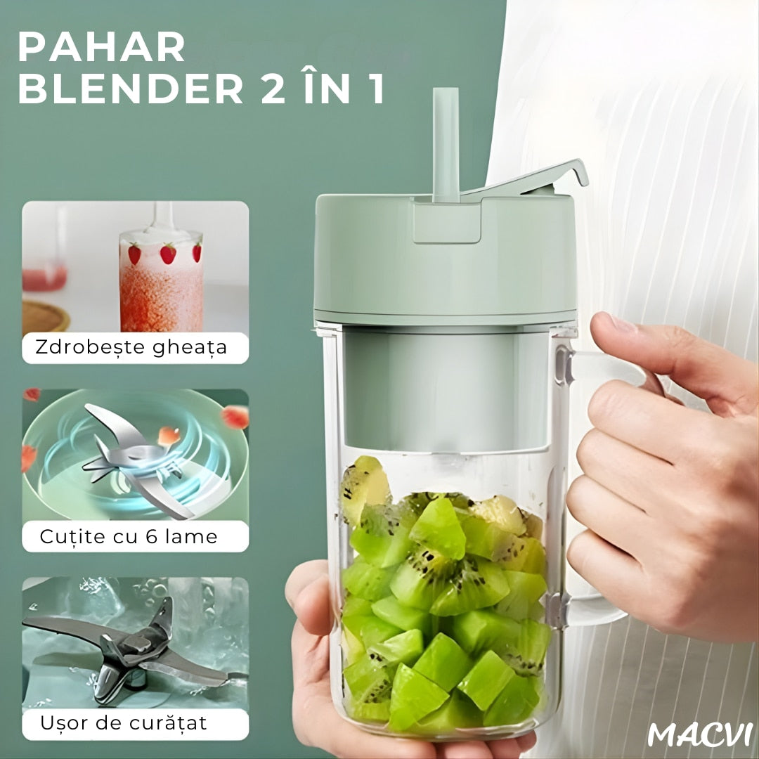 Storcator De Citrice Macvi® Portabil din Plastic cu Acumulator, Blender Reincarcabil USB, 6 Lame din Otel Inoxidabil, BPA Free, Anti-scurgere, Capac cu Pai, Capacitate 420 ml, Smoothie-uri si Sucuri
