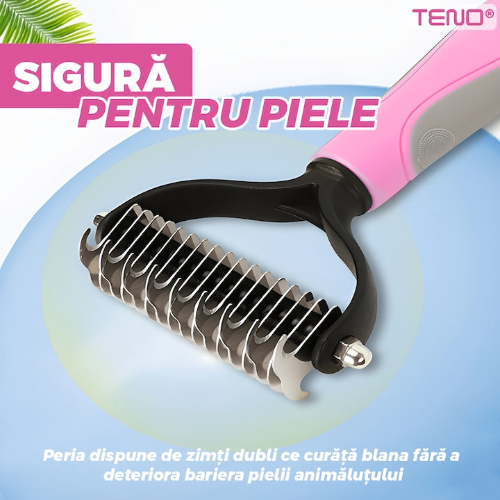 Perie pentru caini si pisici Teno, 2 in 1, anti-naparlire, roz