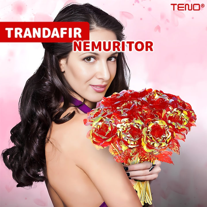 Trandafir Artizanal Teno®, efect de cristal, aspect auriu, luminite LED cu baterii, rezistent, nemuritor, design realist, 22 x 13 cm, rosu