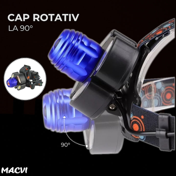 Lanterna frontala de cap Macvi® cu 5 LED-uri, iluminare puternica, banda elastica reglabila pentru confort maxim, ideala pentru drumetii si activitati afara