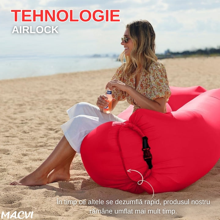 Saltea gonflabila tip sezlong Lazybag Macvi®, material rezistent, umflare fara pompa, pentru plaja/picnic/camping, rucsac de depozitare, 190 x 70 cm,rosu