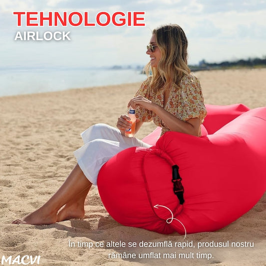 Saltea gonflabila tip sezlong Lazybag Macvi®, material rezistent, umflare fara pompa, pentru plaja/picnic/camping, rucsac de depozitare, 190 x 70 cm,rosu