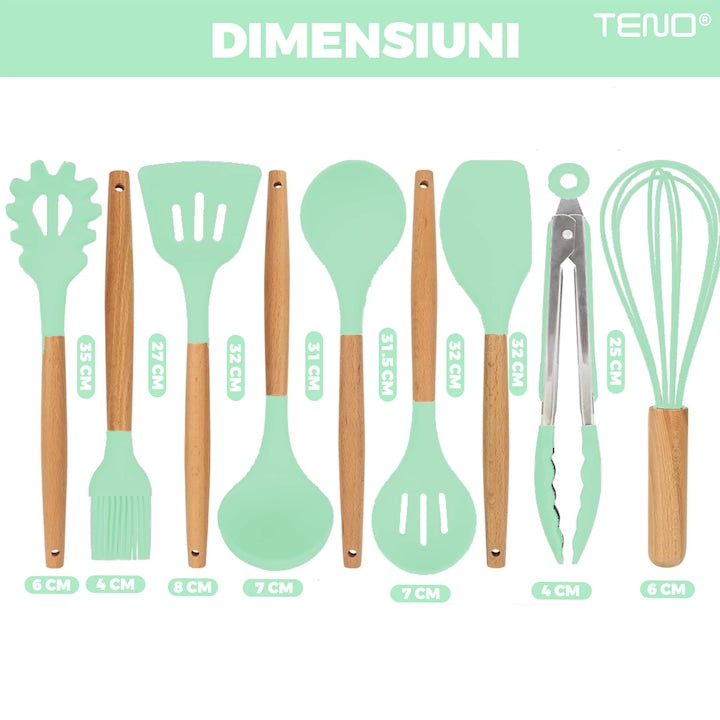 Set Ustensile Bucatarie 12 Piese Silicon Alimentar Teno®, termorezistente, antiaderente, sigure, suport inclus, verde deschis