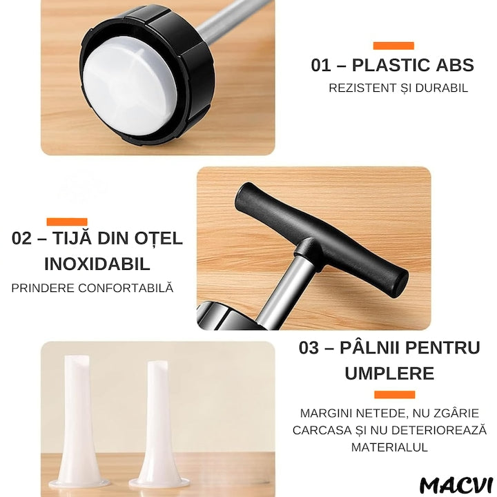 Aparat manual pentru umplut carnati, Macvi®, inox/plastic, 0.5 kg, 2 tuburi de umplere, alb
