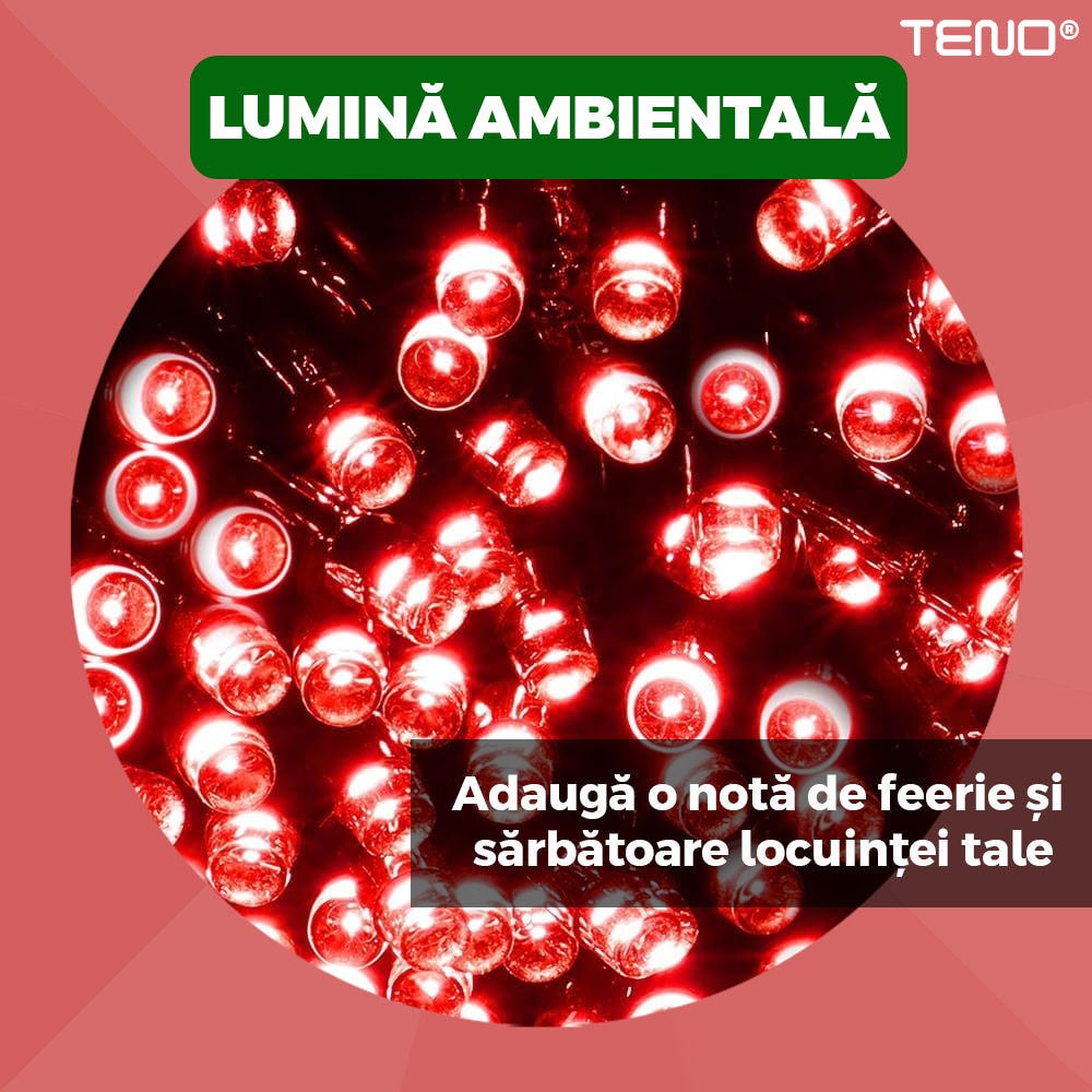 Instalatie de Craciun Liniara Teno®, 100 m, 8 jocuri de lumini, alimentare la priza, interior/exterior, rezistenta la apa, 480 LED-uri, rosu
