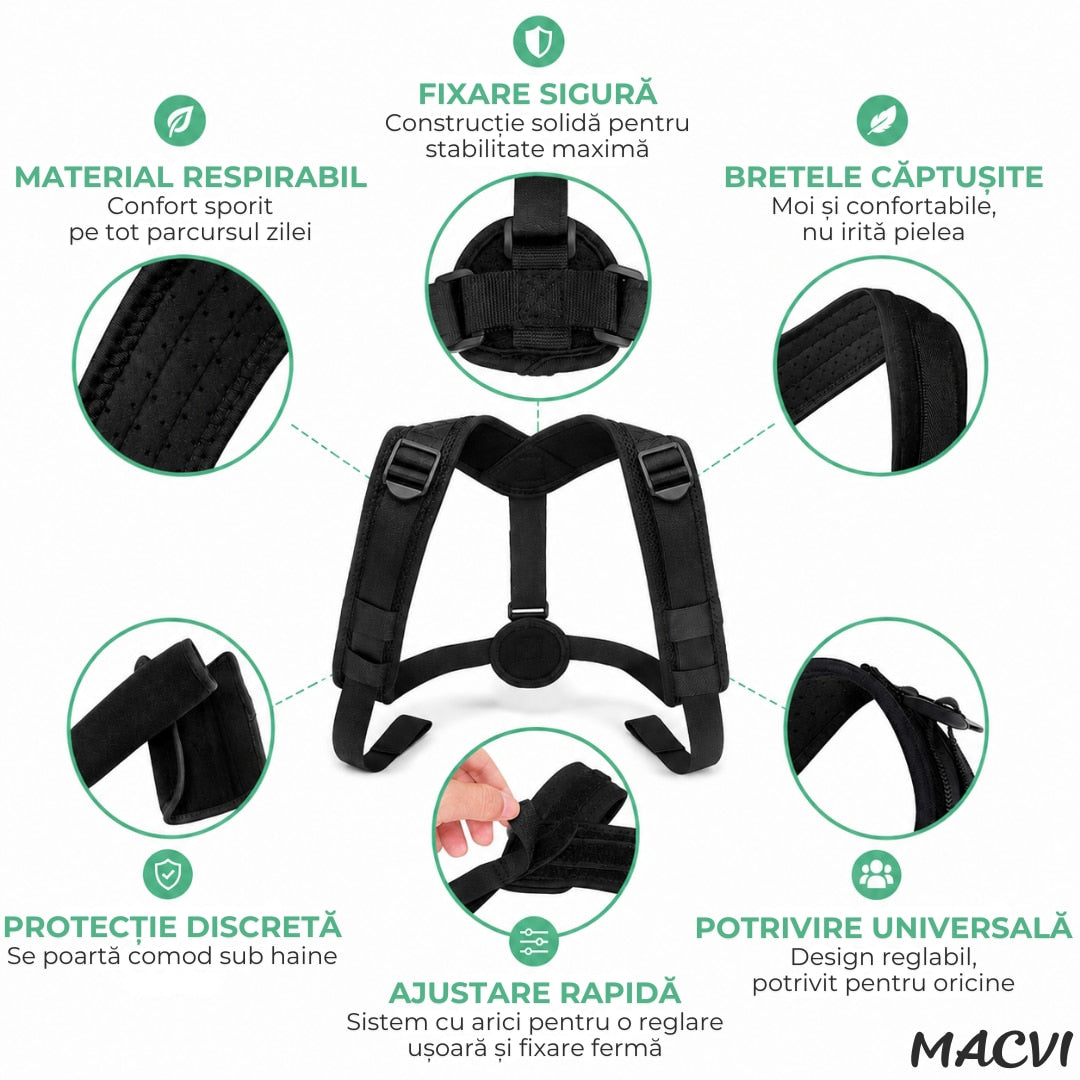 Corector Postura Macvi® Ortopedic Reglabil pentru Spate Gat Umeri Clavicula Unisex Suport Corectie Coloana Negru