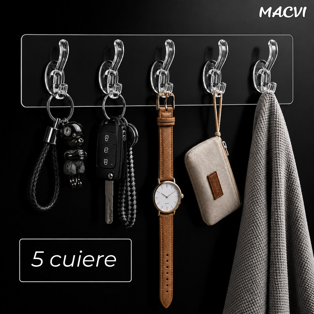 Suport autoadeziv baie sau bucatarie Macvi®, transparent, plastic rezistent, 5 carlige multifunctionale, 35 x 7 cm