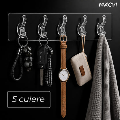 Suport autoadeziv baie sau bucatarie Macvi®, transparent, plastic rezistent, 5 carlige multifunctionale, 35 x 7 cm