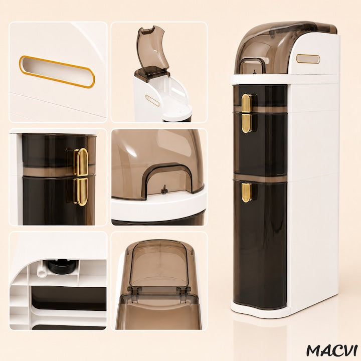 Dulap Mobil Organizator Macvi®, 4 Sertare, 78× 18 × 41cm, Organizator Vertical Ultra-Slim cu Suport pentru Hartie Igienica, PVC Rezistent, Alb