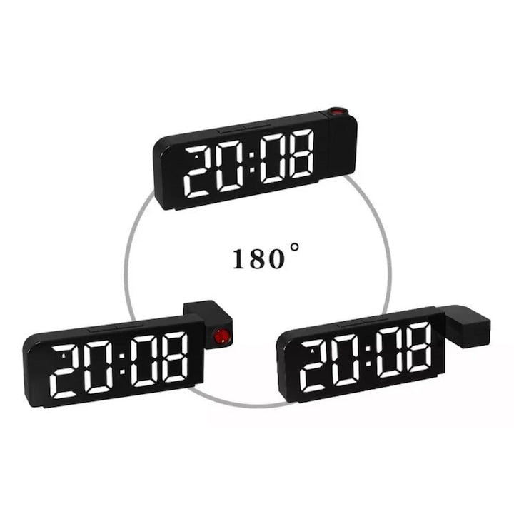 Ceas digital de masa Macvi®, LED multicolor, proiectie ora tavan/perete, alarma, temperatura, 12/24H, USB, negru, baterie CR2032 (neinclusa), 13 x 7 x 4 cm
