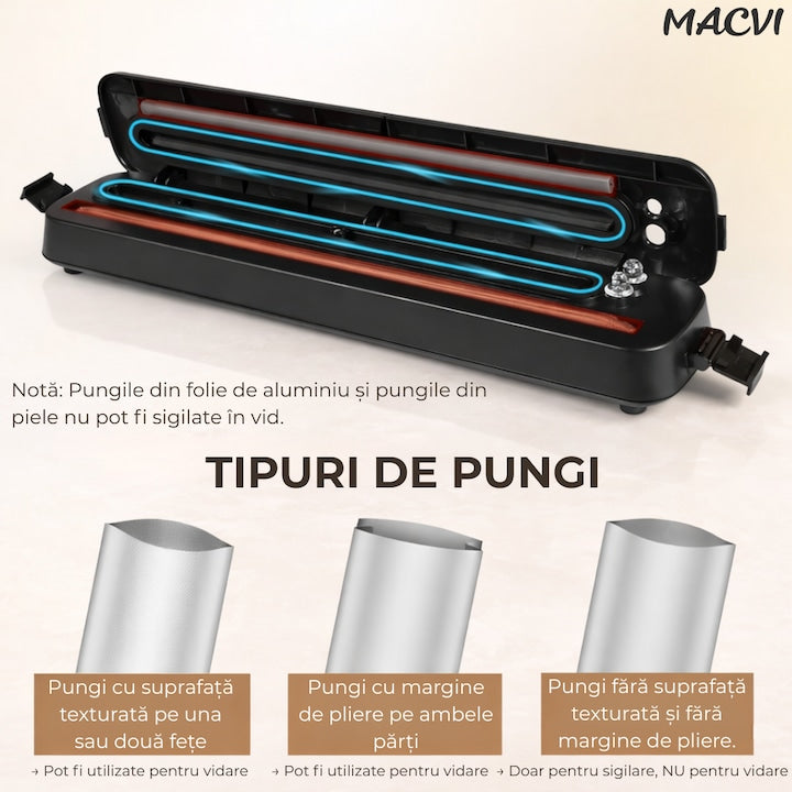 Aparat de Vidat Macvi® Alimente 110W cu Functie de Sigilare, Pompa Puternica, Compact si Usor de Utilizat pachetul include 10 Pungi de Vidat