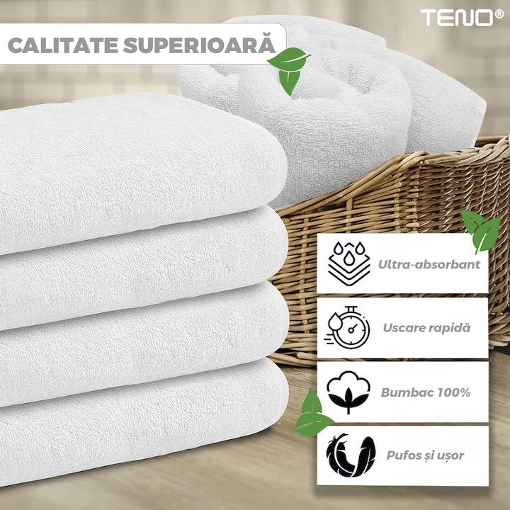 Prosop de baie si de fata Teno®, pentru uz rezidential/hotel/calatorii, densitate 420g/m², model egiptean, bumbac 100%, dimensiuni 50x90 cm, alb