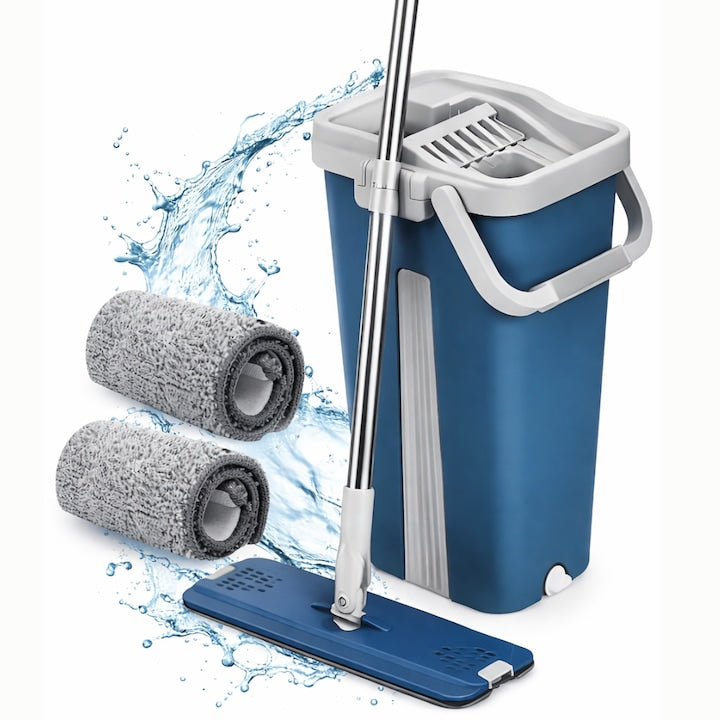 Set curatare Macvi® cu mop plat si galeata cu sistem de stoarcere, scurgere cu dop, coada telescopica si 2 lavete microfibra rezerva
