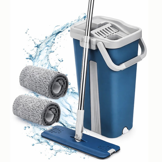 Set curatare Macvi® cu mop plat si galeata cu sistem de stoarcere, scurgere cu dop, coada telescopica si 2 lavete microfibra rezerva