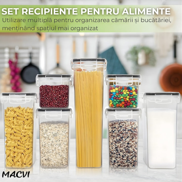 Set 7 organizatoare/recipiente Macvi® pentru depozitare alimente, etichete incluse, organizare bucatarie, capac etans, plastic fara BPA