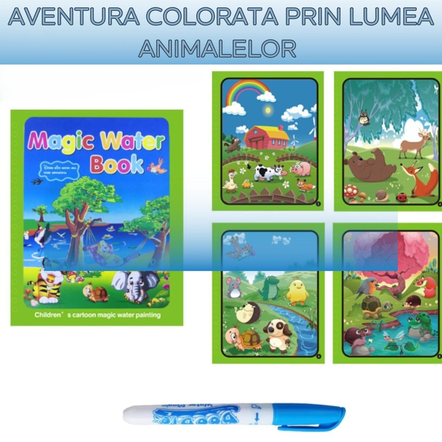 Carte de colorat reutilizabila Macvi Magic Book, 8 pagini, tematica animale, culori vibrante, pentru copii 3 ani+