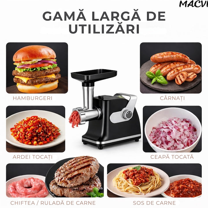 Aparat electric de tocat carne Macvi, inox, 800W, 2 trepte de viteza, negru/alb