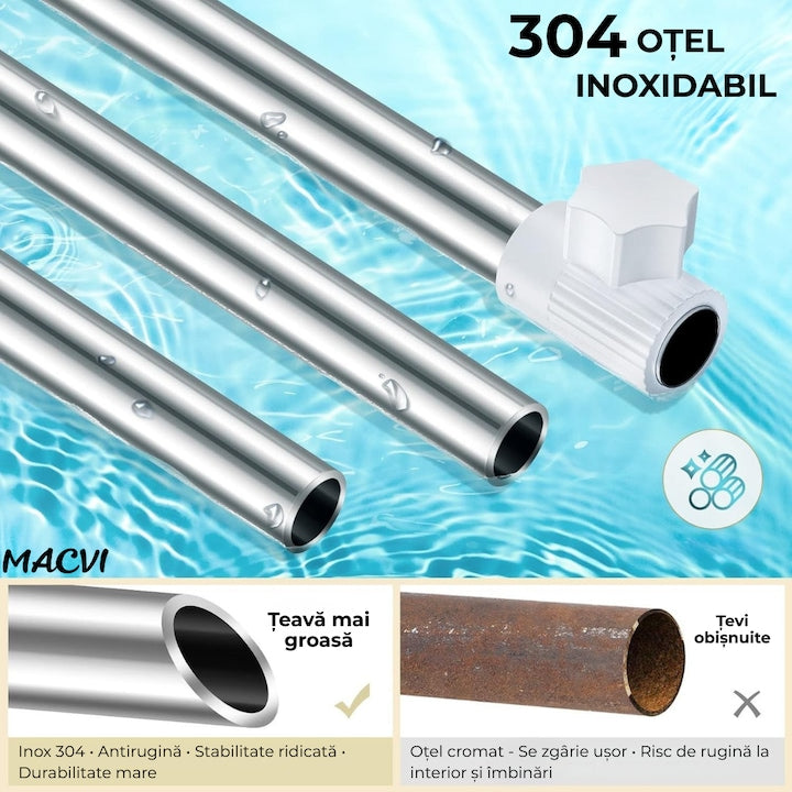 Etajera Extensibila Macvi® pentru Baie, 4 Polite si Umeras, Tip Coltar, 3 Carlige, 100-260 cm, Alb