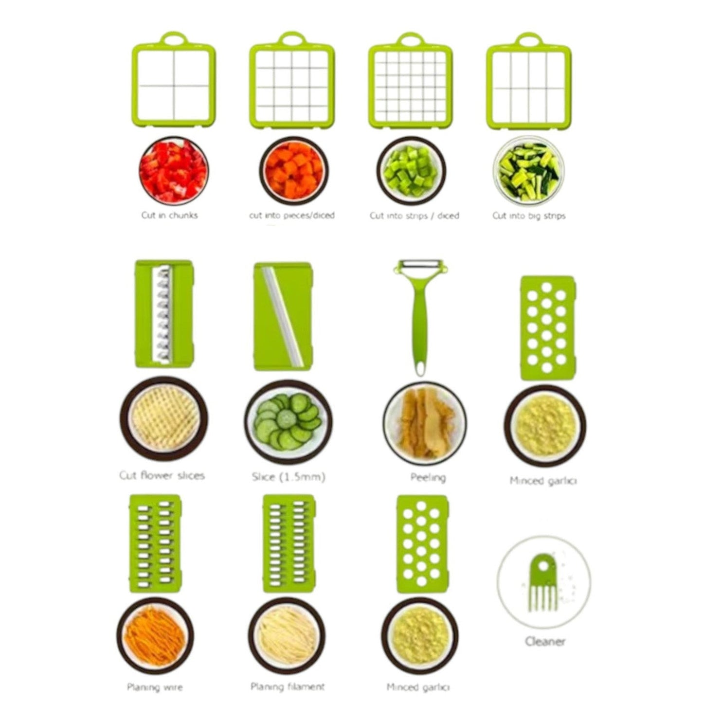 Razatoare multifunctionala Macvi® profesionala 22 piese cu lame inox si recipient colector tocator feliator pentru legume fructe si branzeturi gri verde