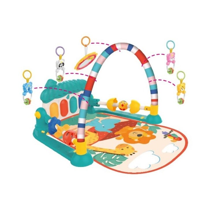 Centru de activitate si covoras bebelusi Macvi®, pian muzical interactiv, 5 jucarii detasabile, lavabil, educativ, 0-12 luni, multicolor